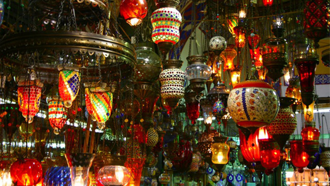 Colorful lamps hang in the Grand Bazaar in Istanbul, Turkey